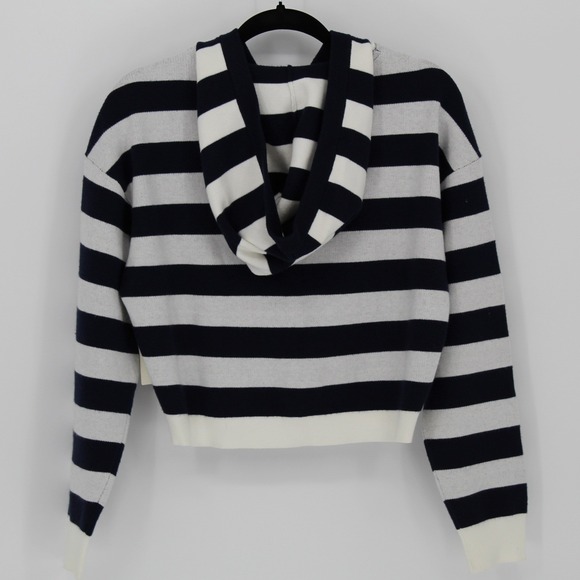 Anthropologie‎ $88 Small Navy White Striped Twist Front Cropped Hoodie Sweater - Picture 8 of 14